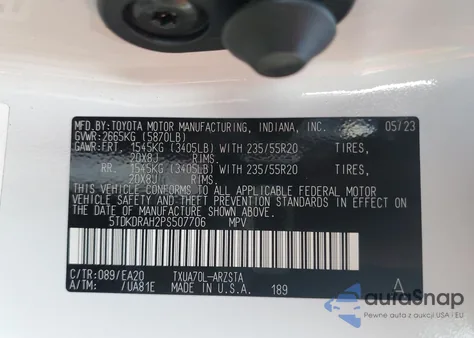 2023 Toyota Highlander L z USA, uszkodzony, nr VIN 5TDKDRAH2PS507706